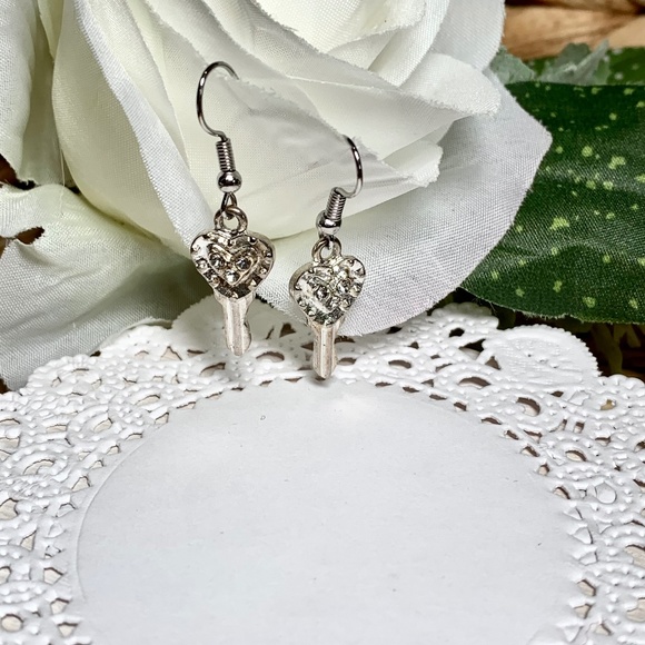Aged Love Heart Key Earrings, with Crystal accents - Picture 6 of 7